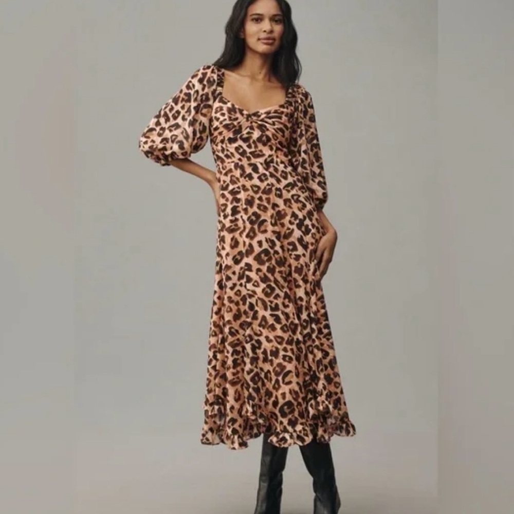 ANTHROPOLOGIE HUTCH Cheetah Printed Twist Front Puff-Sleeve Dress Size XSP NWT
